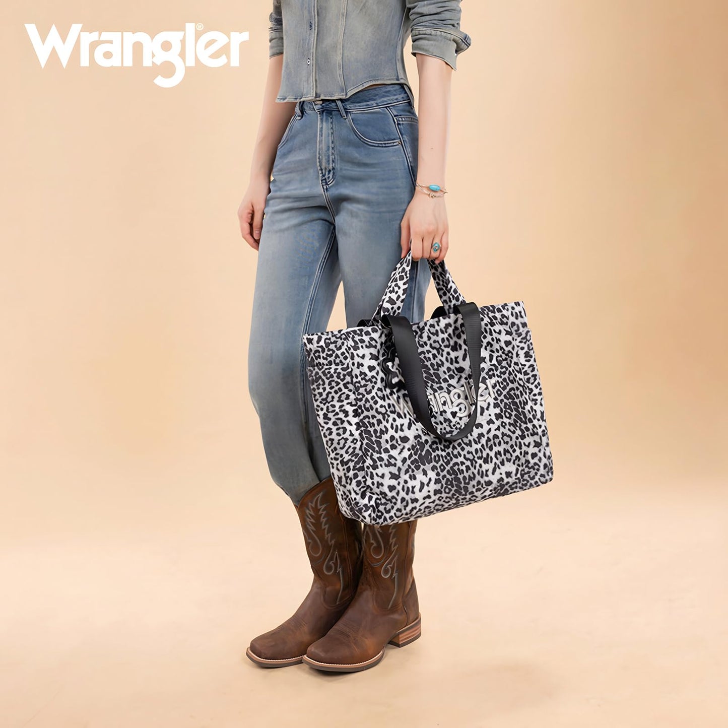Wrangler Large Tote Bag for Women Designer Leopard Print Purse with Detachable Strap for Travel Work Gym Black WG433-8317BK