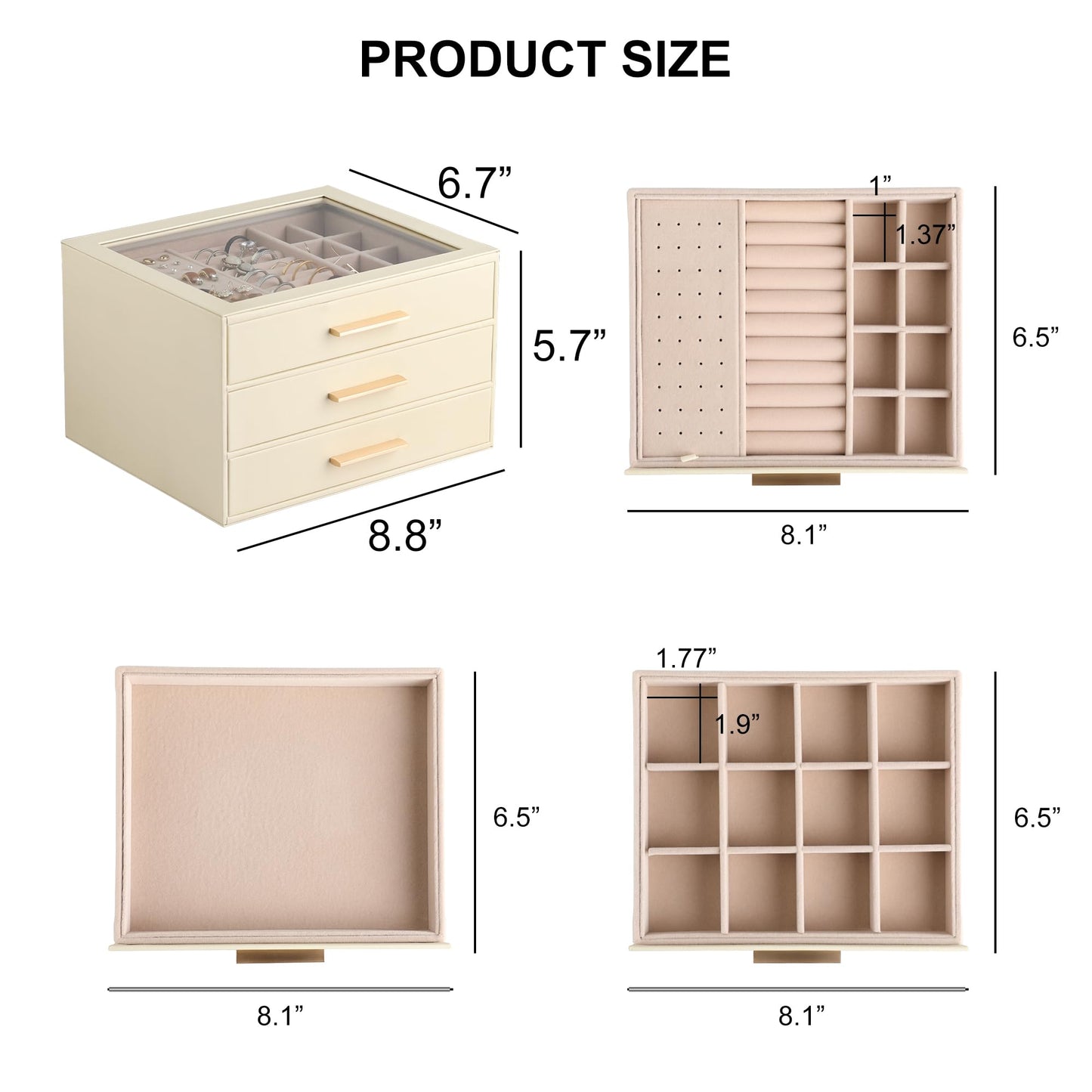 Frebeauty Clear Lid Jewelry Box,3-Layer Jewelry Organizer with Drawer,PU Leather Jewelry Organizers and Storage,Jewelry Boxes for Women,Jewelry Storage for Rings Earring Stud,Gift for Women(Beige)