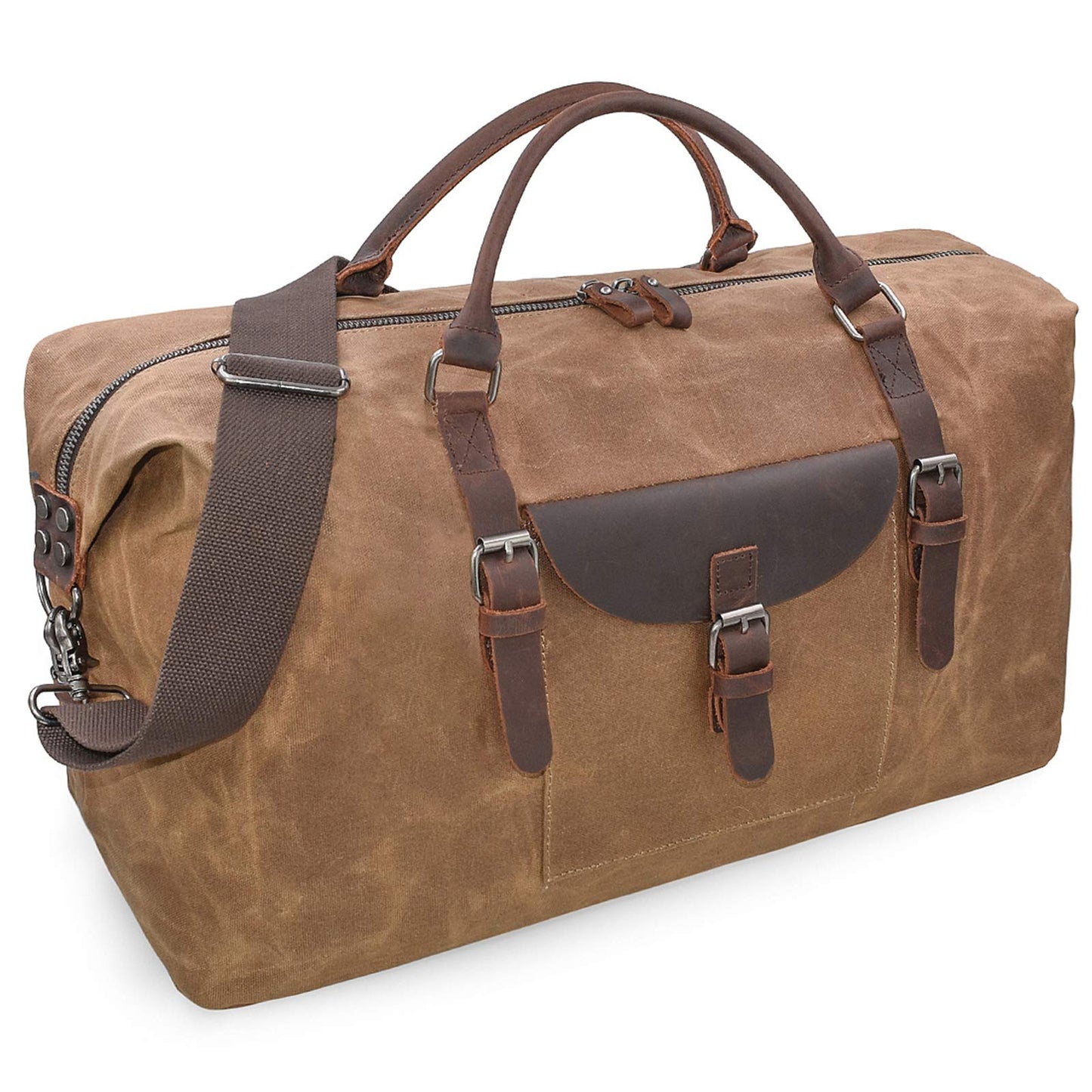 NEWHEY 55L Travel Duffel Bag, Waterproof Waxed Canvas & Leather Weekender Bag for Men, Large Carry-on Overnight Bag for 4-5 Day Business Trips & Weekend Getaways, Brown
