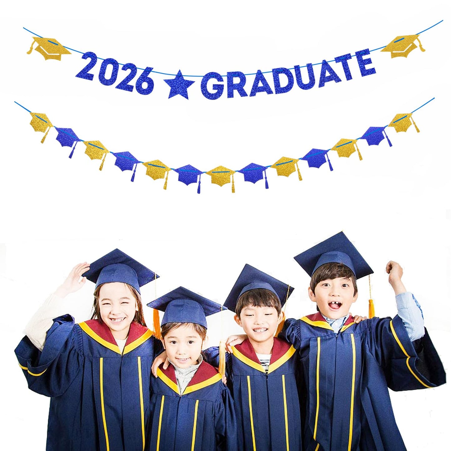 Navy-Blue White-Gold Party-Decoration Graduation Banner - 8pcs Kits Cap Garland Streamers, Paper Tissue Pom Poms Flowers, 2026 Craduate Banner Congratulations Grad Decor Lasting Surprise