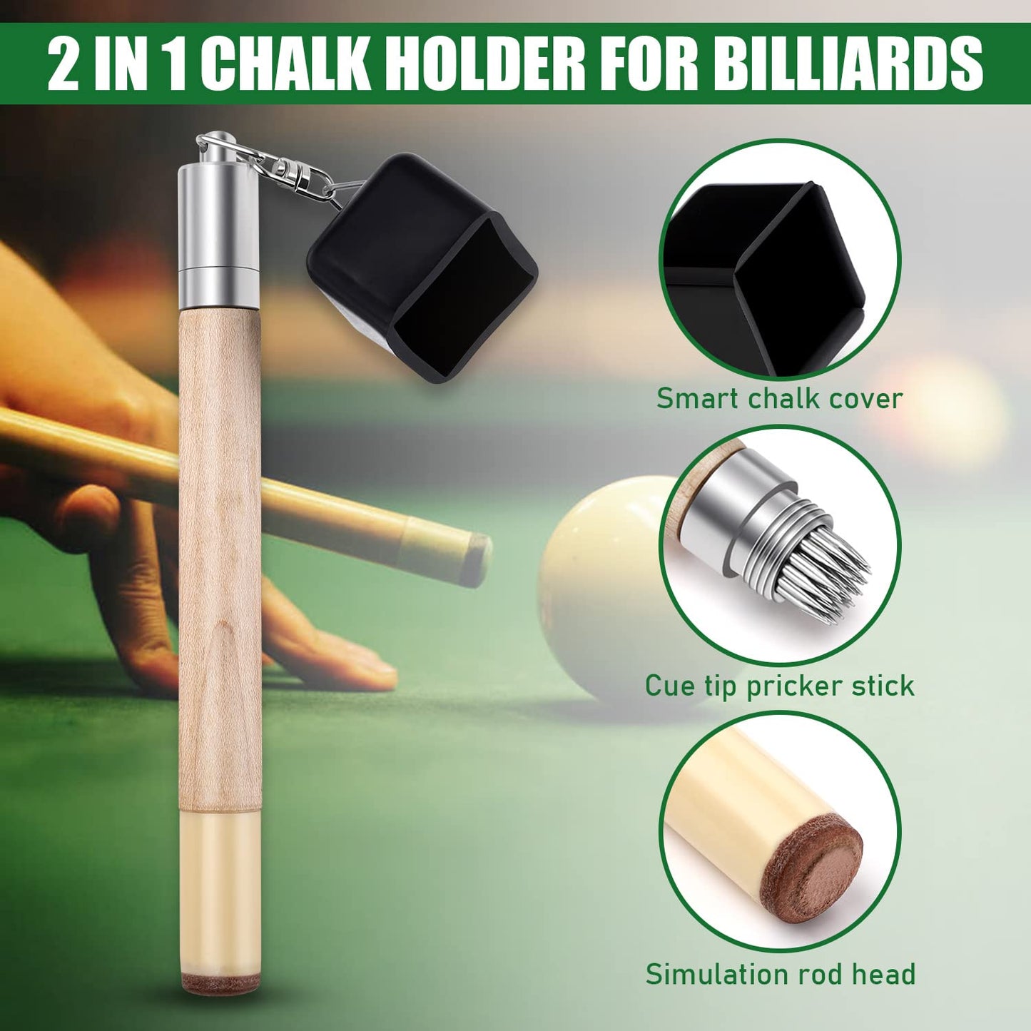 TOBWOLF Chalk Holder for Billiards, 2 in 1 Pool Cue Chalk Holder, Portable Wooden Pool Snooker Chalk Holder, Billiard Cue Tip Pricker, Non-Slip Billiard Cue Tip Tool Pool Table Accessory