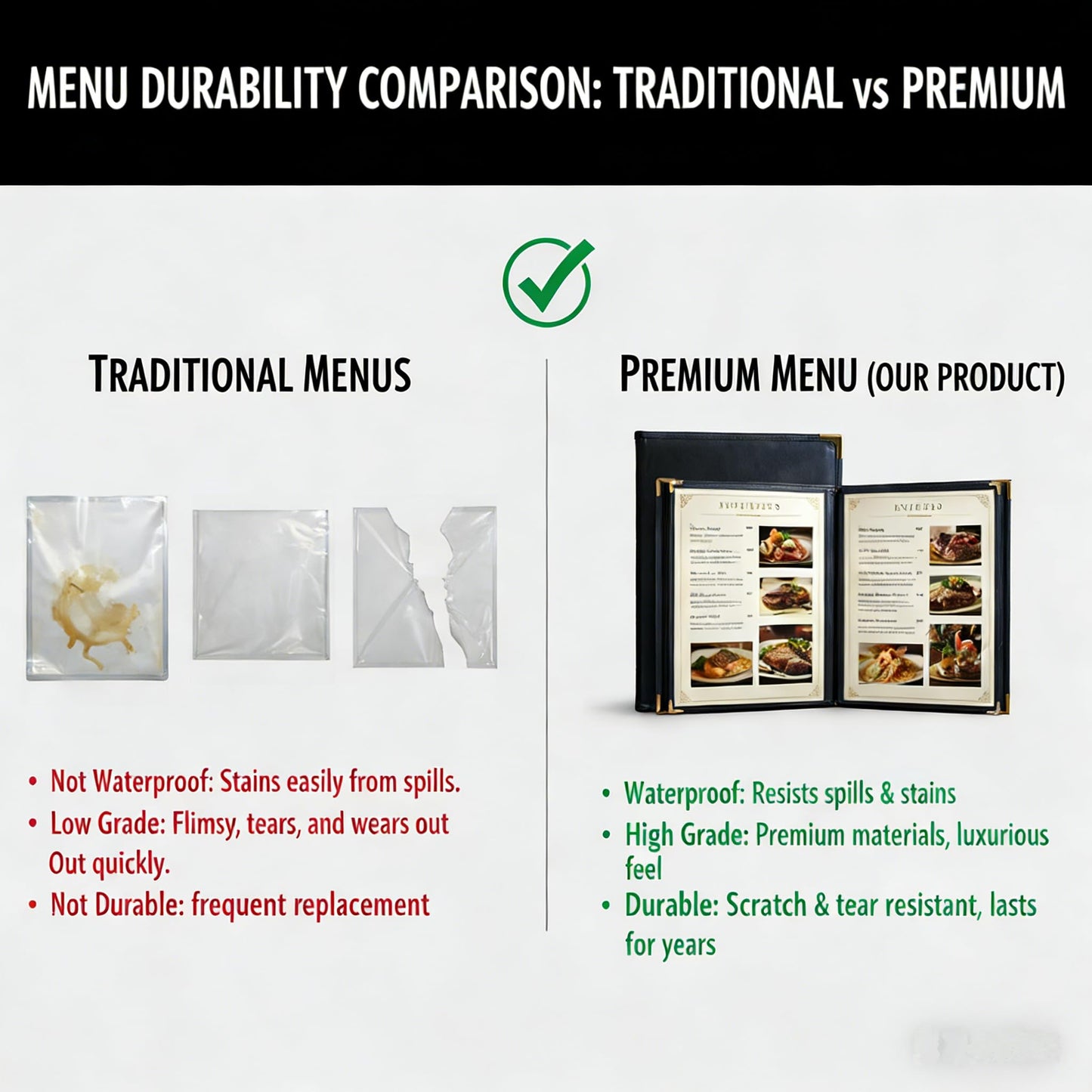 2-Pack Menu Covers for Restaurant 8.5x11 Inch, Black Faux Leather Menu Holder with 2 Pages (4 Views), Wine List & Dinner Menu Book for Bar Hotel Café