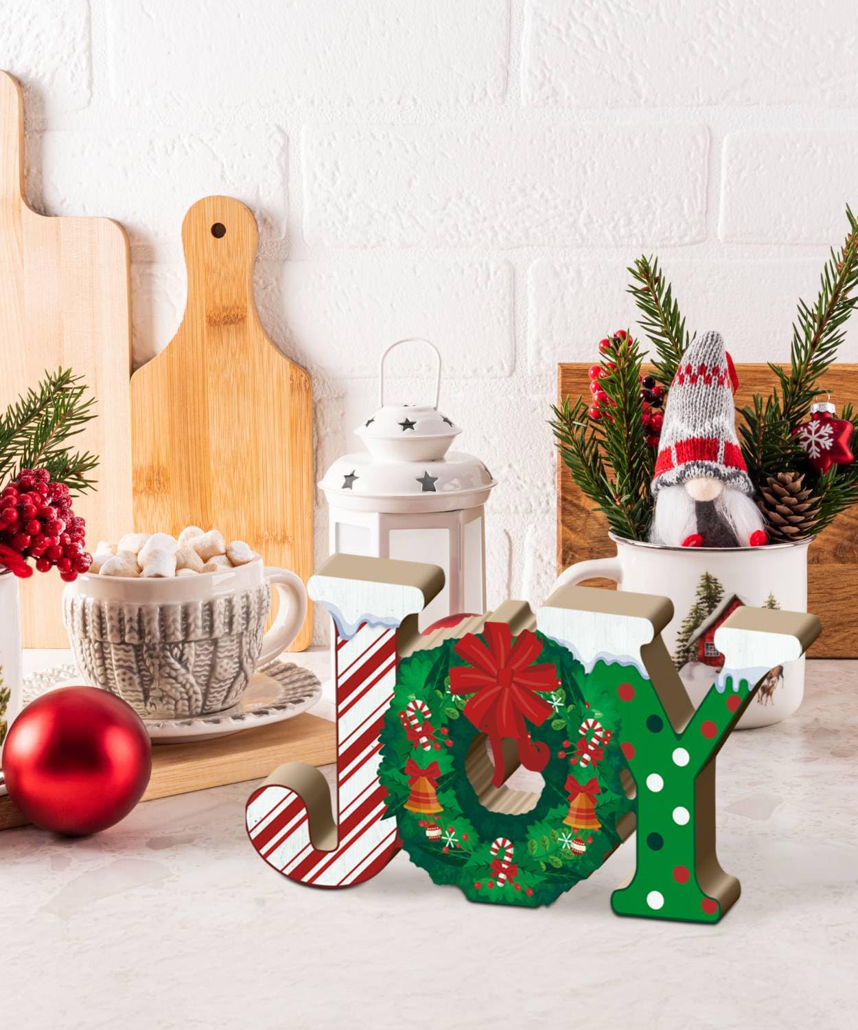 Putuo Decor Christmas Table Decor, Red Joy Christmas Letters Decorations Indoor with Wreath Candy Cane Pattern, Wooden Joy Christmas Sign for Home Fireplace Mantel Xmas Holiday Decor