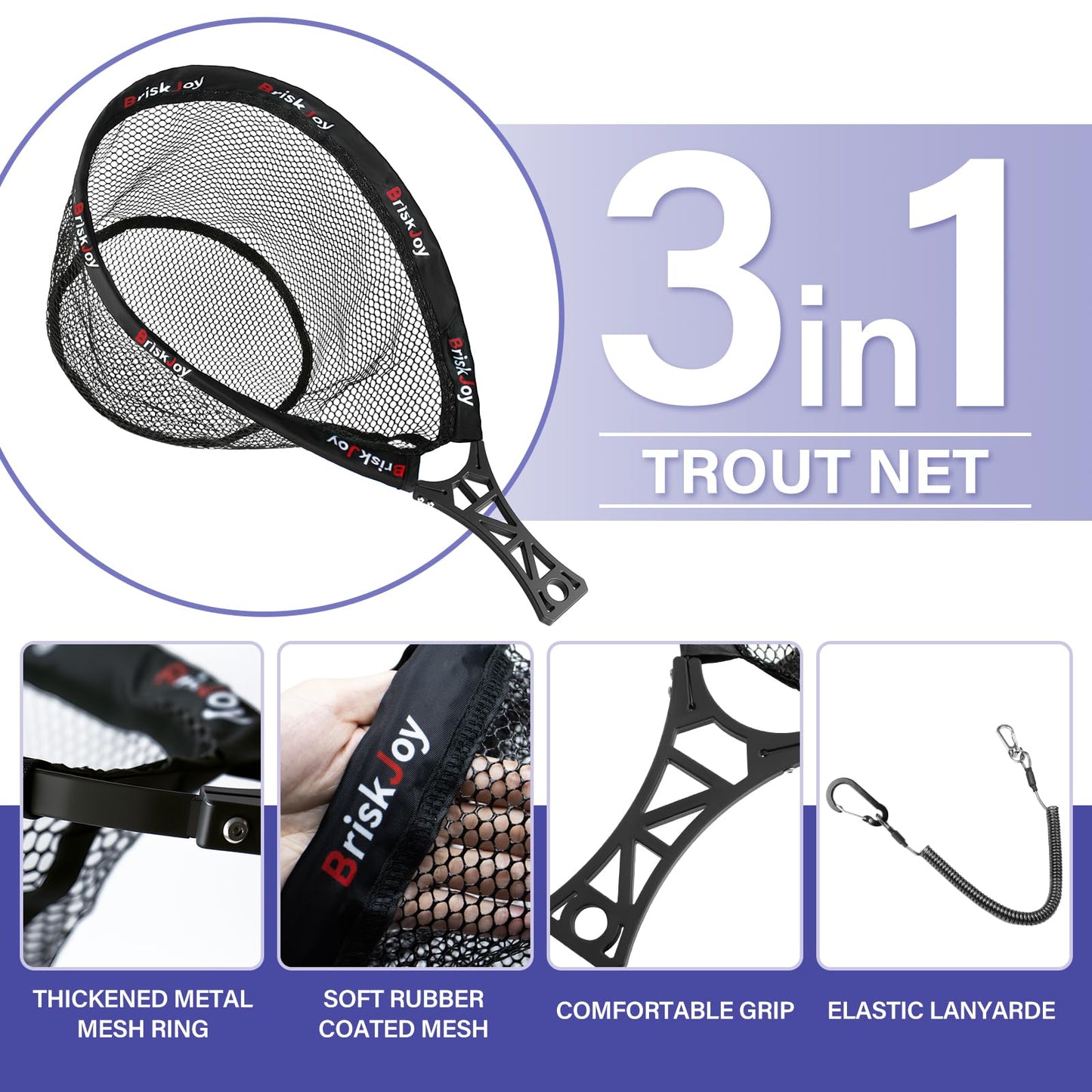 BriskJoy Fly Fishing Net – Foldable Trout Net for Tenkara, Kayak & Wading, Ultralight Hiking & Backpacking Landing Net with Rubber Coated Mesh for Catch and Release, Includes Storage Bag & Lanyard