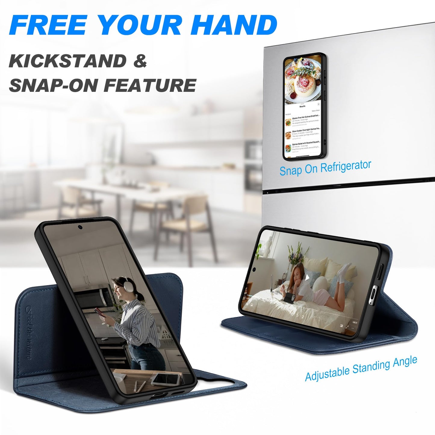SHIELDON Real Leather Wallet Case for Galaxy S26+ 6.7", Detachable, RFID Blocking Credit Card Slot, Flip Magnetic Closure, Kickstand, Wireless Charging, Removable Shock Absorbing Cover - Navy Blue