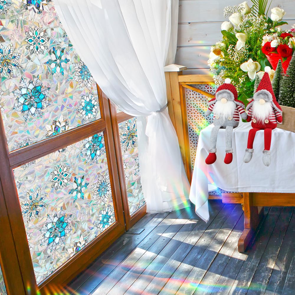 Snowflake Window Film, Stained Privacy Rainbow Window Sticker, Christmas Glass Decals, Static Cling Non Adhesive Door Clings UV Blocking, 17.7" x 43.3"