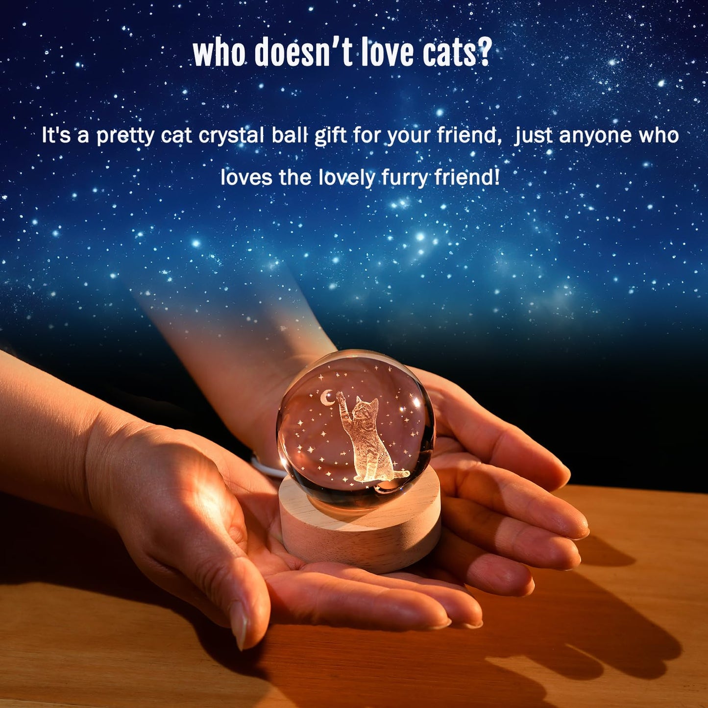 IFOLAINA 3D Cat Themed Gifts for Women Friends Cat Lovers Presents 2.36" Engraved Crystal Ball with Wooden Light Base Crystal Pet Sphere Decor