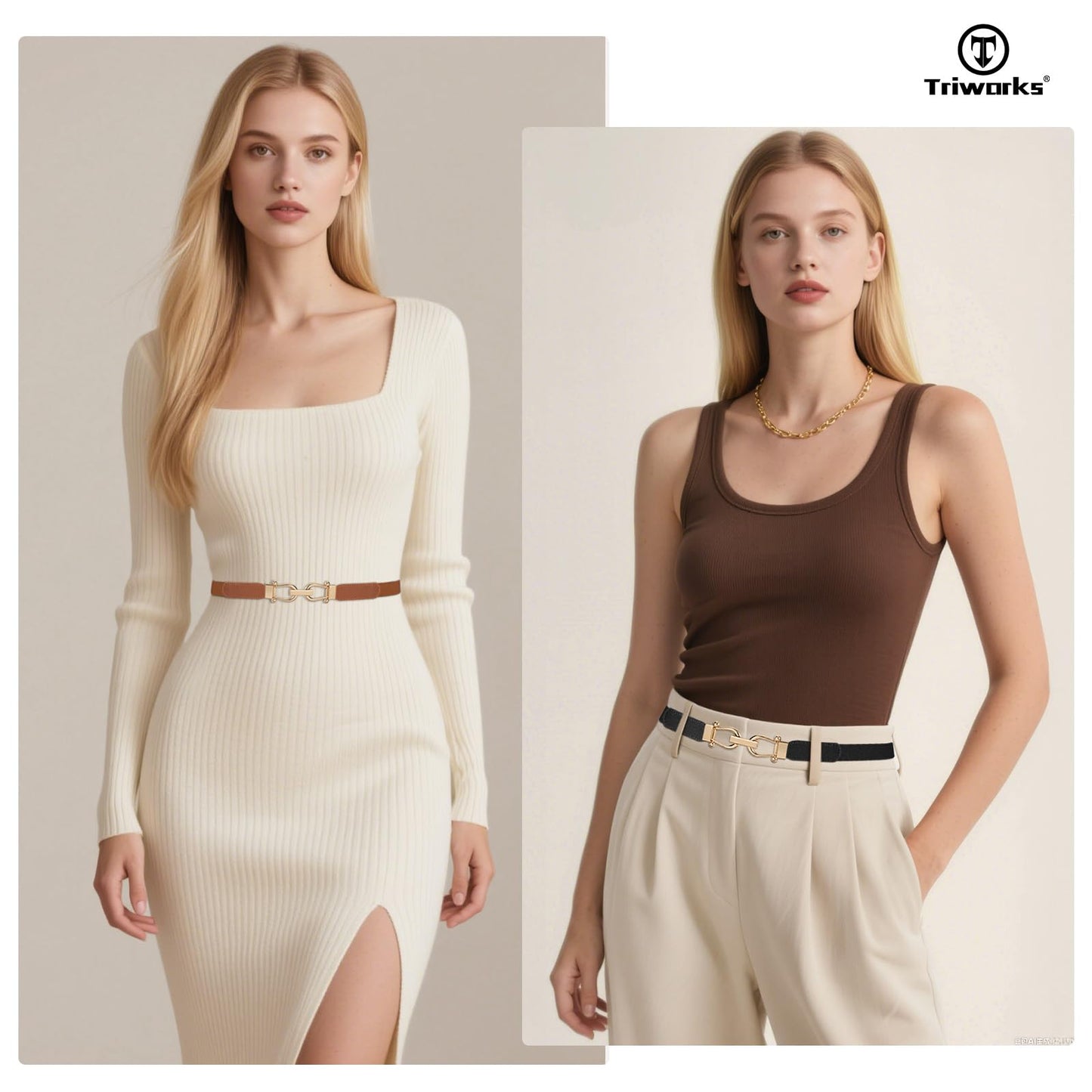 TRIWORKS 4 Pack Skinny Elastic Belts for Women Gold Buckle Thin Stretchy Waist Belts for Dresses
