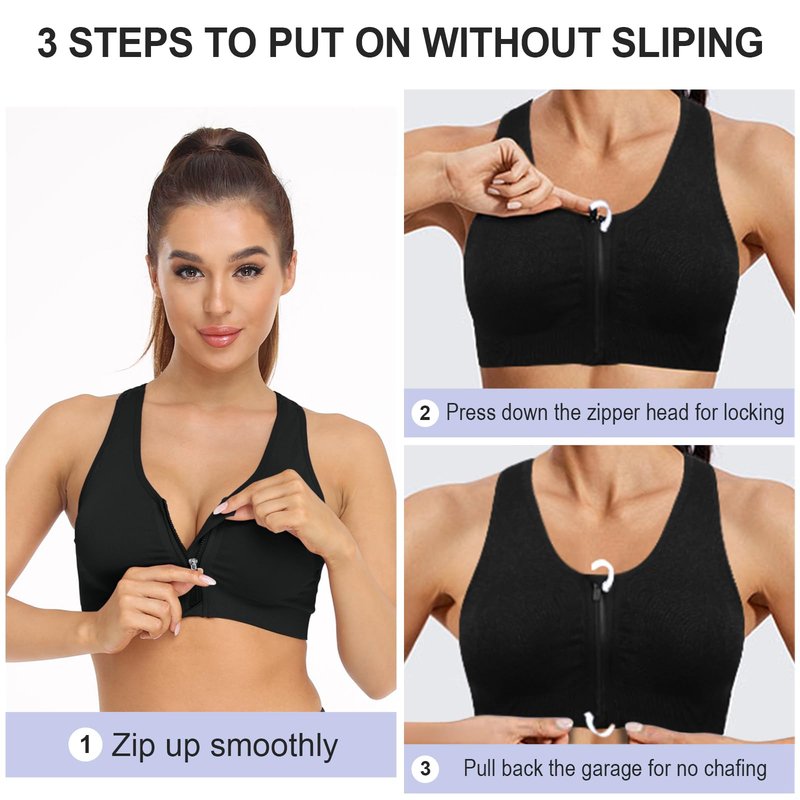 WANAYOU Sports Bras for Women Racerback Wireless Seamless Front Zipper Closure Workout Bra (XL:Fit 36D,36DD,38C,38D,40B,40C, 3 Pack Black)