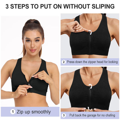 Women's Zip Front Sports Bra - Wireless, Post-Surgery, Padded, Racerback, Workout Gym Yoga Bras - 3 Pack (Large, Black+Grey+Light Blue)