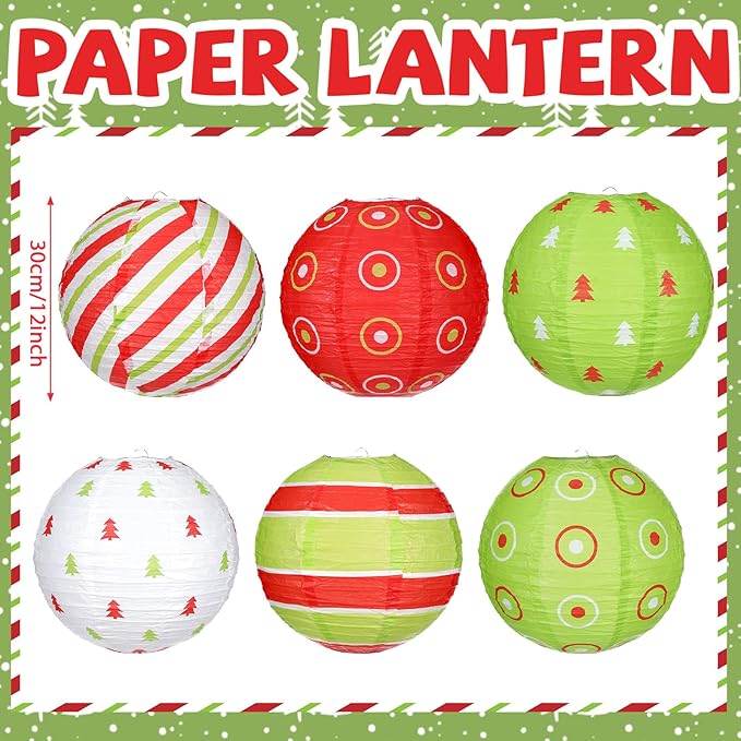 Bencailor 12 Pcs Christmas Hanging Paper Lanterns Set Decorative Christmas Party Lanterns Round Hanging Lamps for Xmas Home Decoration Supplies Props Graduation Holiday Decor(Christmas Tree, 12 Inch)