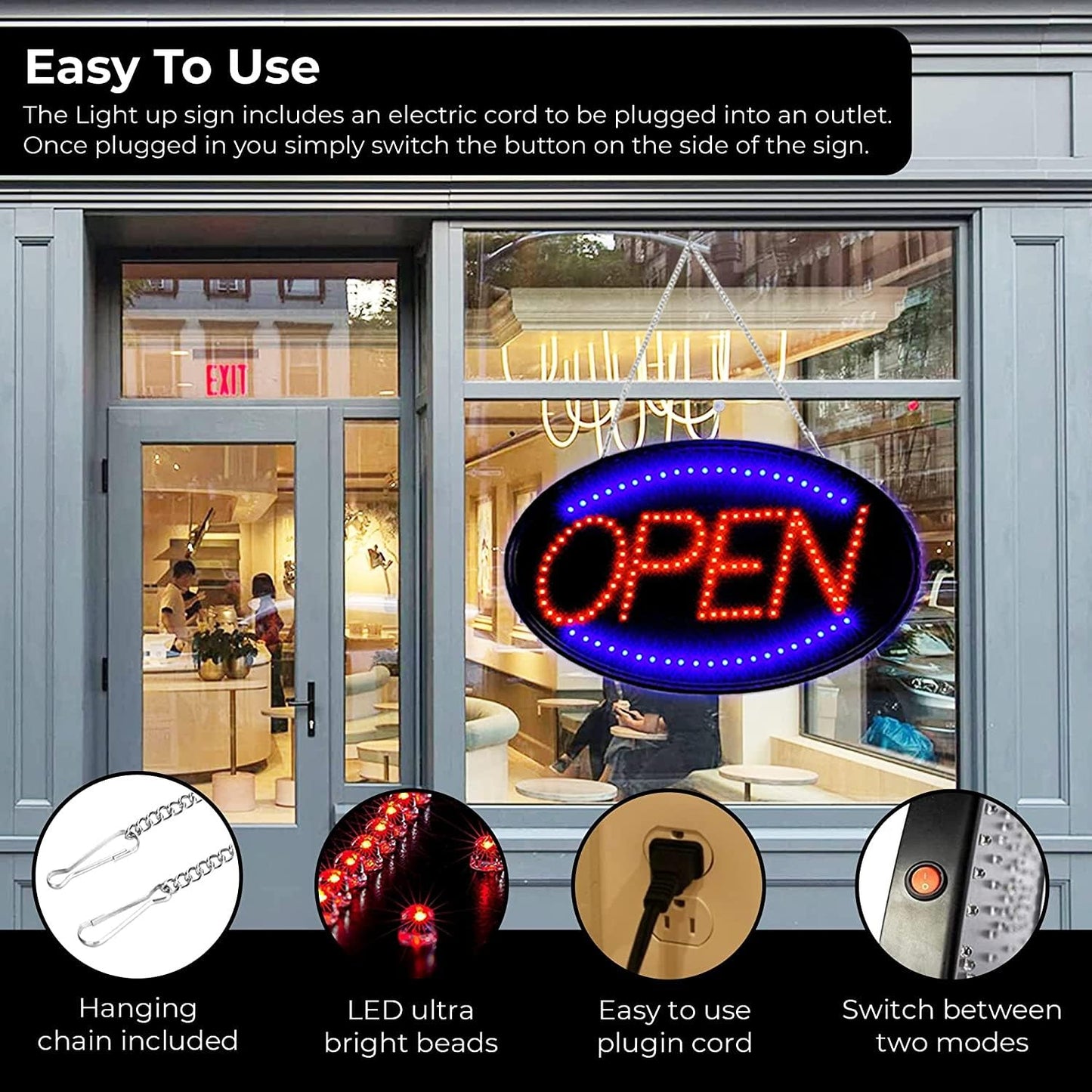 Jumbo 24" x 13" LED Neon Sign with Motion - "Open" (Red/Blue) B30