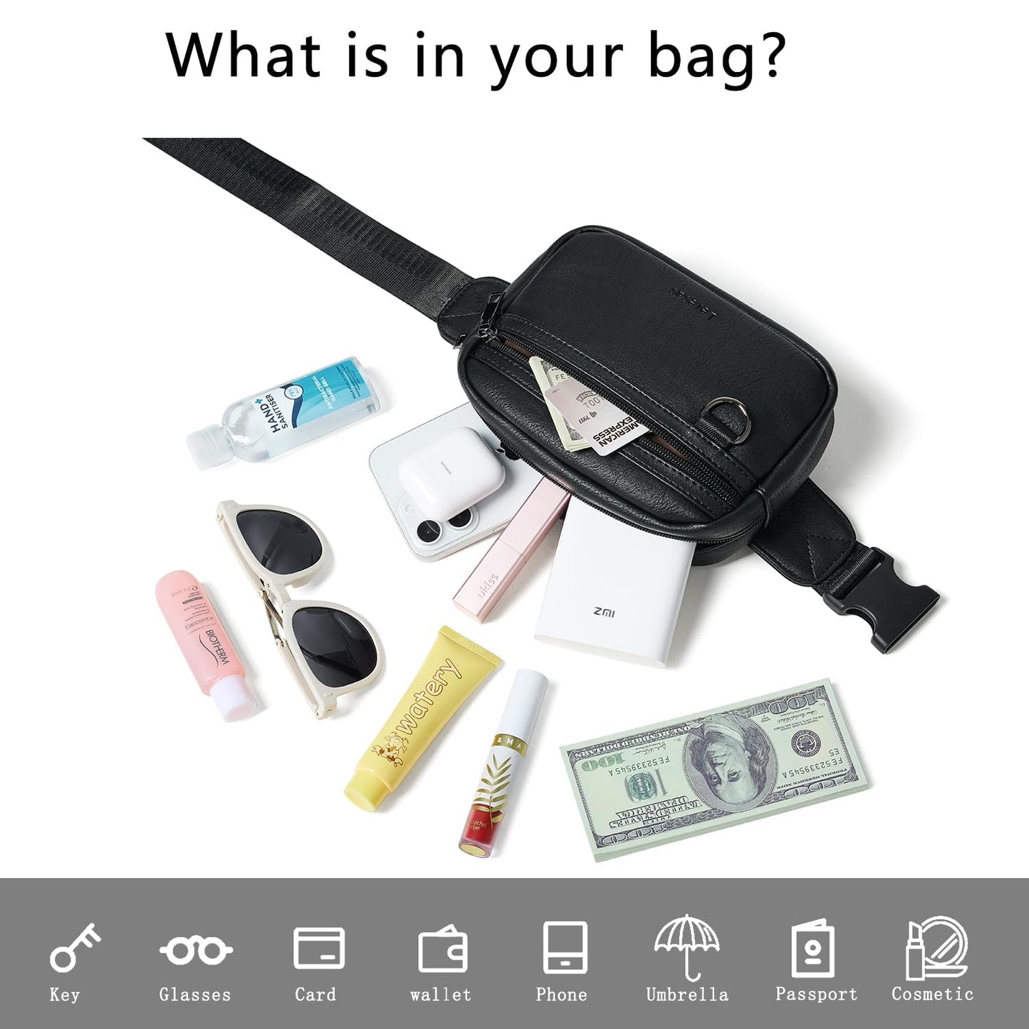Leresas 2L Fanny Packs for Women Men Corss Body Belt Bag Waist Pack Vegan Leather Trendy Travel Cycling Waterproof Black