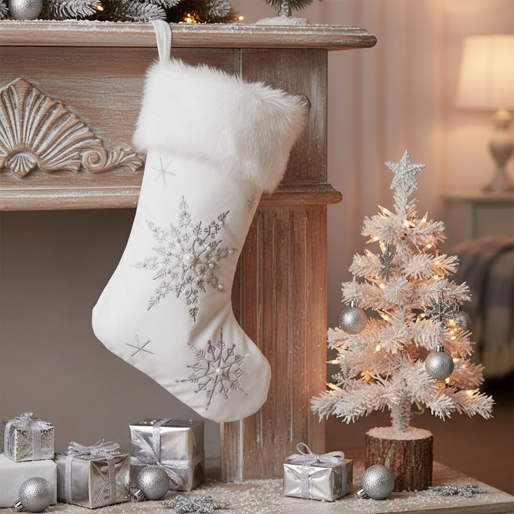 Comfy Hour 18" White Velvet Christmas Stocking, Soft Snowflake Embroidery with Faux Fur Trim, Elegant Holiday Mantel Hanging Decor, Winter Celebration Accent, Artisan Crafted Textile, 1 Unit