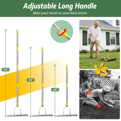 Thatch Rake, 15-Inch Wide Manual Dethatcher Rake for Cleaning Dead Grass, Loosening Soil, Efficient Stainless Steel Dethatching Rake with Long Adjustable Handle, Thatch Rakes for Lawns, Yard, Garden