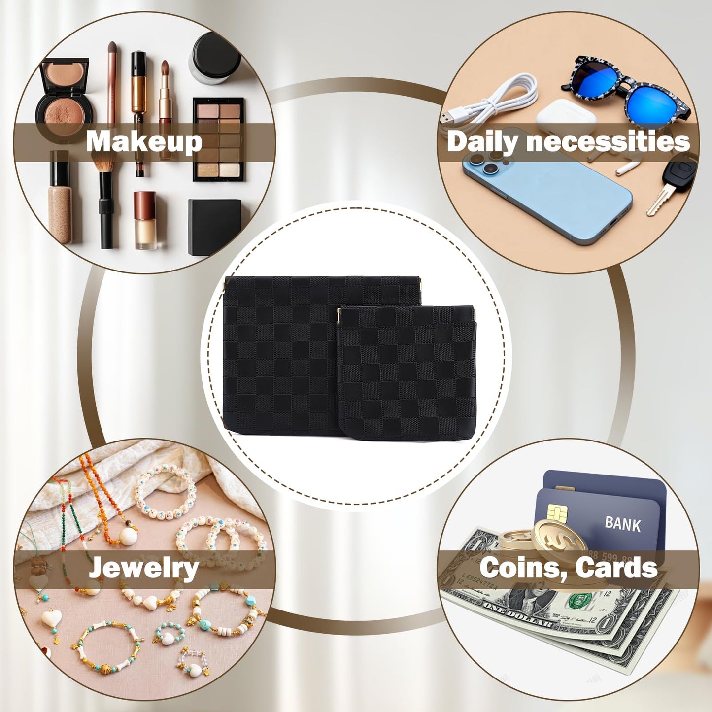 Tiltol 2 PCS Ladies Small Makeup Bag for Purse,Coin Purse Lipstick Cosmetic Accessories Organizer,Travel Pouch,Waterproof No Zipper Self-closing Small Makeup Pouch (Checkered Black)