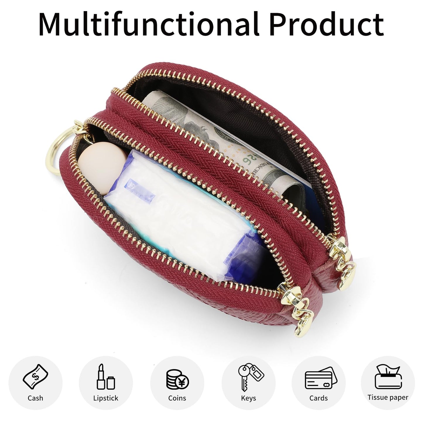 SENDEFN Women's Coin Purse Genuine Leather Wallet Small 2 Zippers Change Pouch Purse with Keychain Ring
