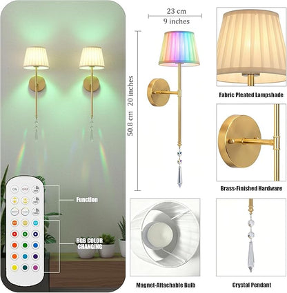 Battery Operated Wall Sconces Set of Two, Rechargeable Wall Sconce Wireless Battery Wall Lamp with 15 Colors RGBCW Dimmable Magnetic Bulbs & Remote for Bedroom Living Room Hallway Decor Gold