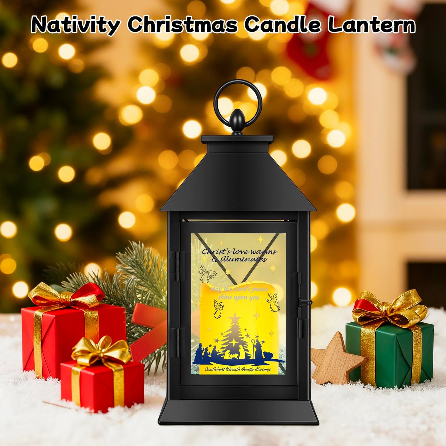 Christmas Candle Lantern Metal with LED Flickering Flameless Candles Light Xmas Decoration Lantern Indoor Outdoor Decorative for Table Home Decor Party Gift (Religion)