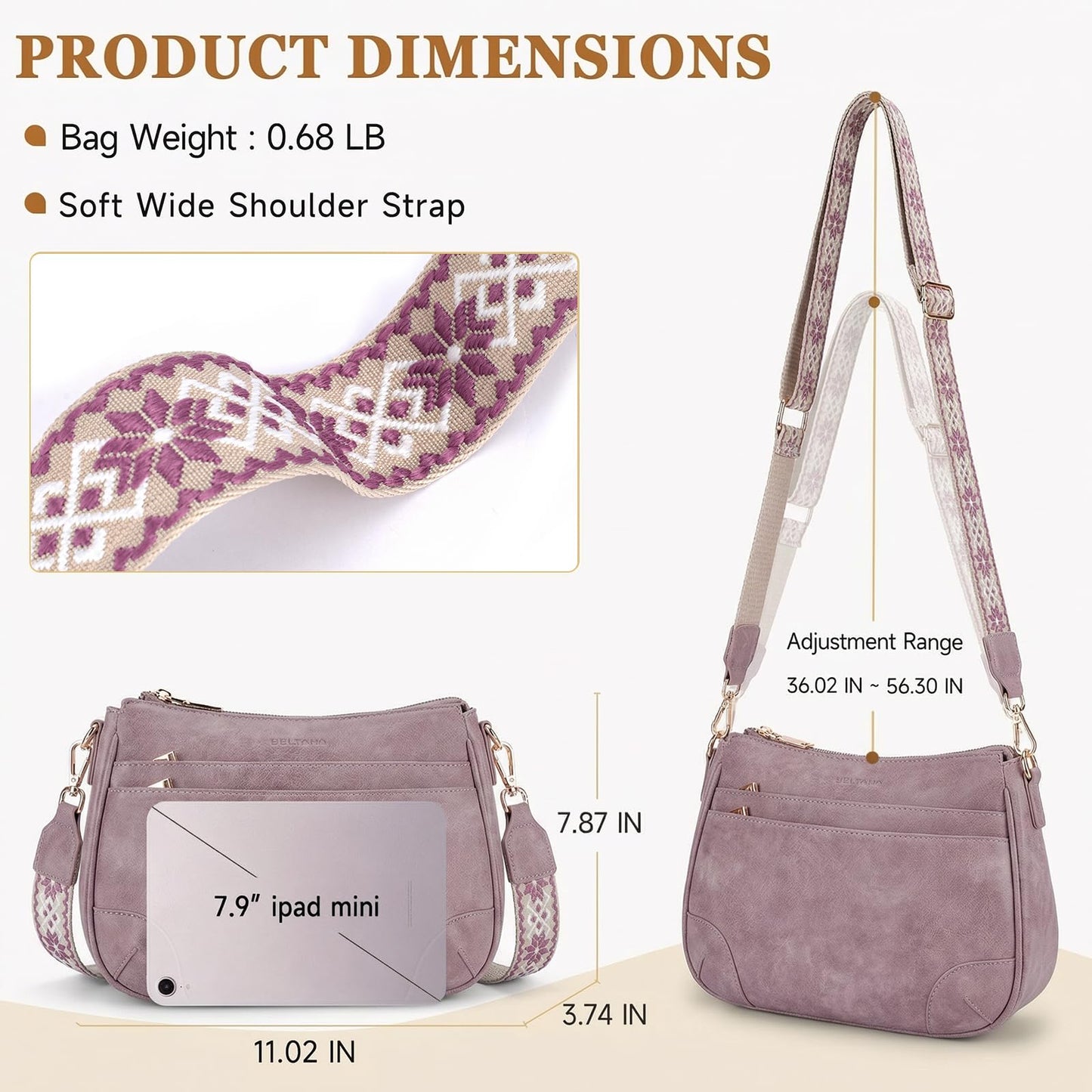 BELTANA Crossbody Bags for Women, Medium Shoulder Handbags, Satchel Purse with Multi Pockets (Purple)
