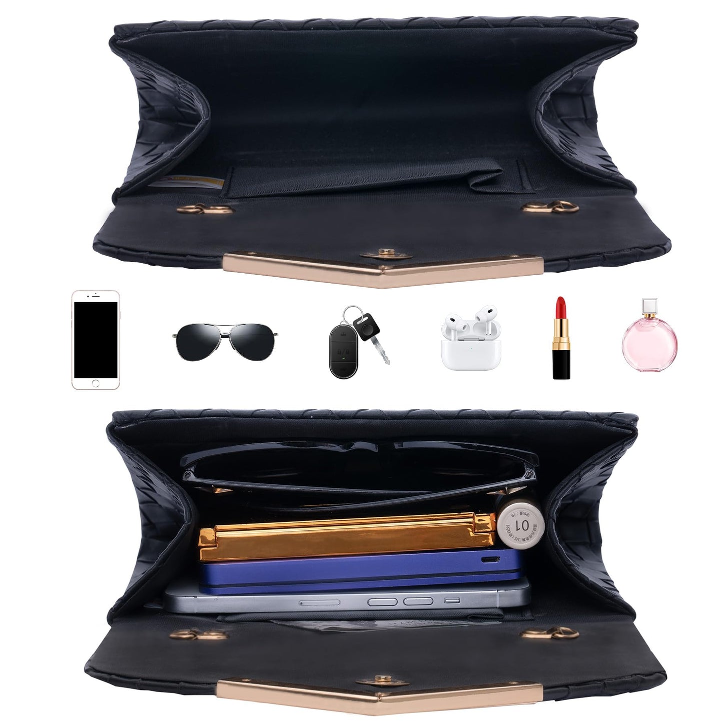 Larcenciel Clutch Purse for Women, Woven Black Leather Evening Bag w/Chain Strap, Formal Envelope Clutch Handbag, Elegant Crossbody Shoulder Party Bags for Wedding, Prom, Cocktail Night, Date, Dinner
