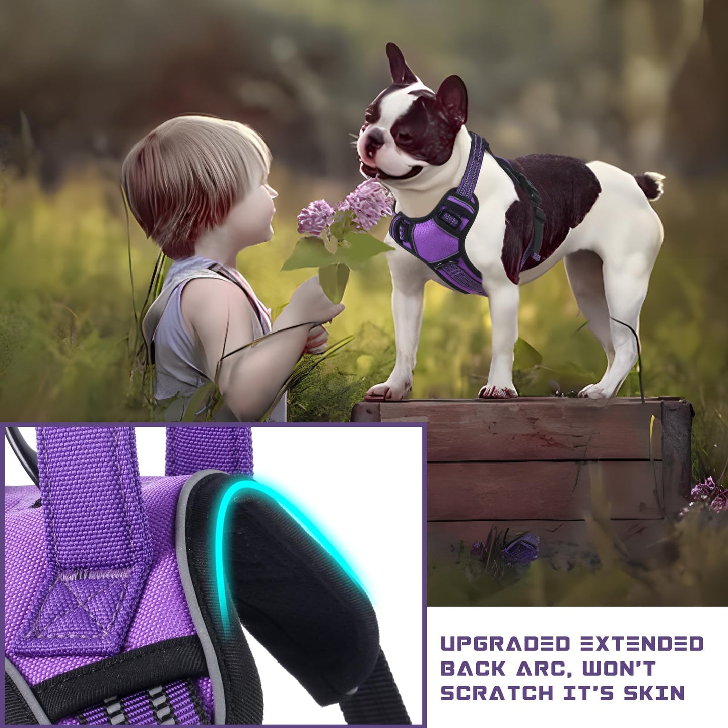 BUMBIN Dog Harness for Large Dogs, No Pull Adjustable No Choke Pet Vest with Dog Leash Fit Smart Reflective Pet Walking Harness for Training Easy Control Soft Handle Purple M
