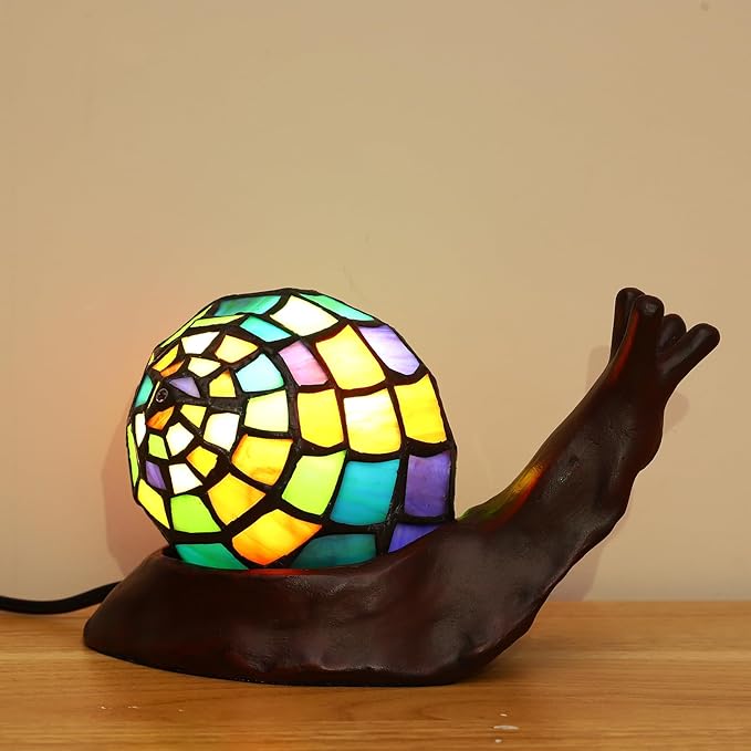 Tiffany Style Colorful Snail Accent Table Lamp Handmade Stained Glass Shade Night Light for Kids with 3 Color Temperatures LED Bulb - Ideal Gift for Home Decor(8" D x 5" W x 5" H)