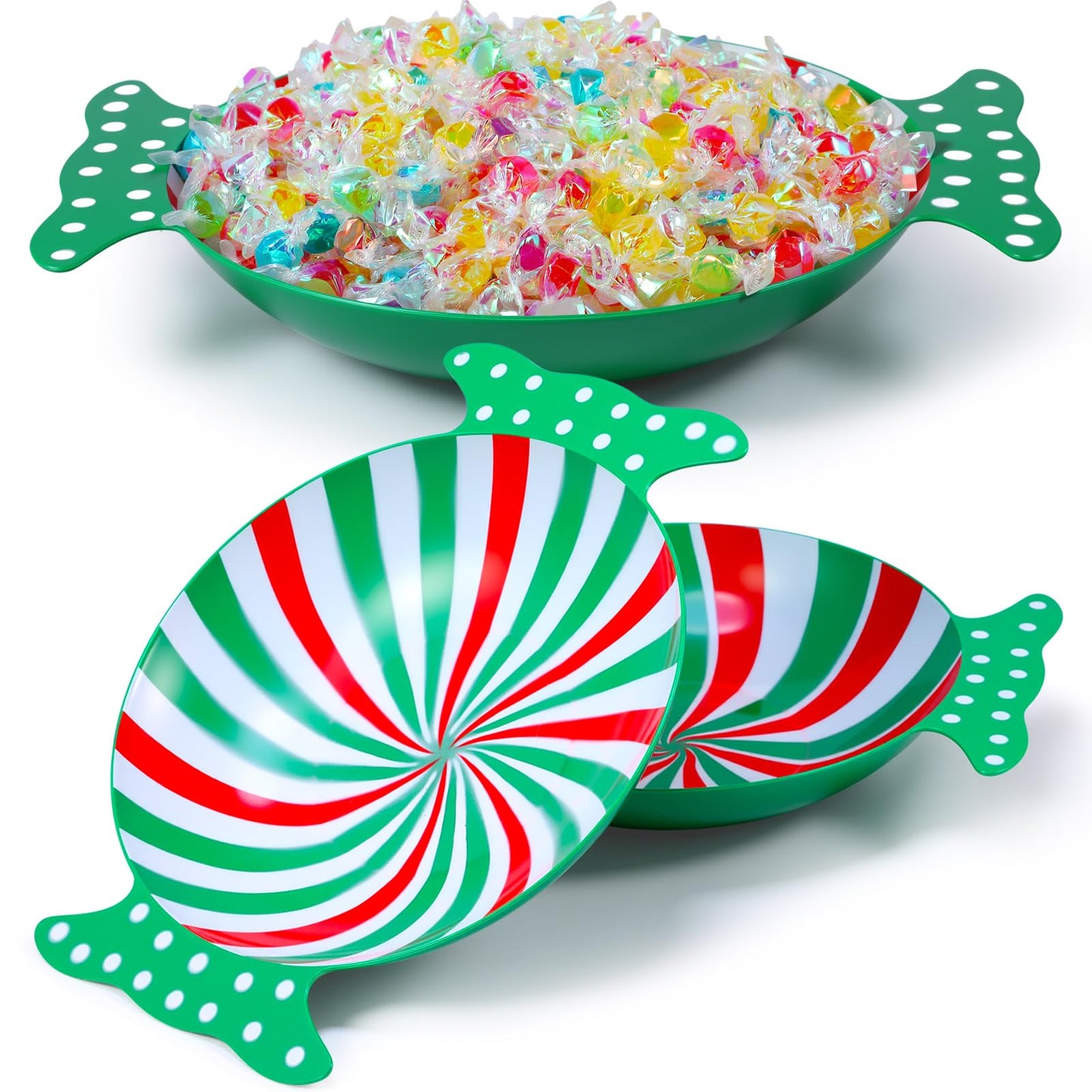 Wiwiqing 2 Pcs Christmas Peppermint Candy Tray Dishes Red Candy Platter Plastic Serving Dessert Plates Tableware Christmas Decorative Plates Dinnerware for Xmas Holiday Party Favor(Green)