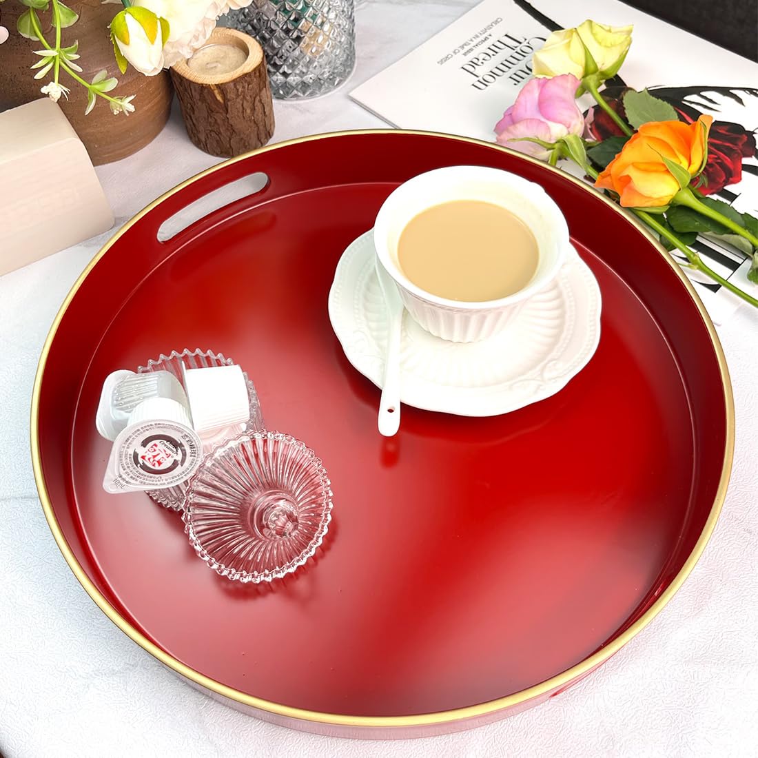 UOEKCS Red Decorative Tray, Serving Tray with Handles, Round Decorative Tray for Coffee Table, 13 Inch Plastic Tray for Ottoman, Living Room, Bathroom, Home Decor.
