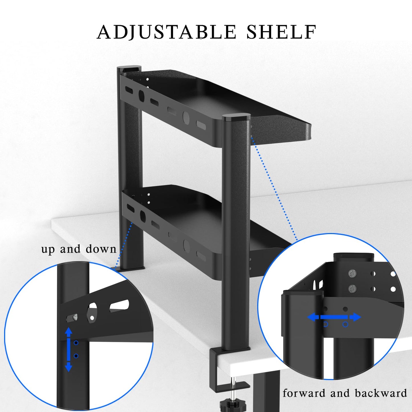 Clamp on Desk Shelf, 17in 2-Tier Office Desk Shelves Organizer, Small Shelf for Top of Desk with Headphone Holder and Hooks, Desktop Storage Rack for Home Workspace, Study Rooms, Gaming Accessories