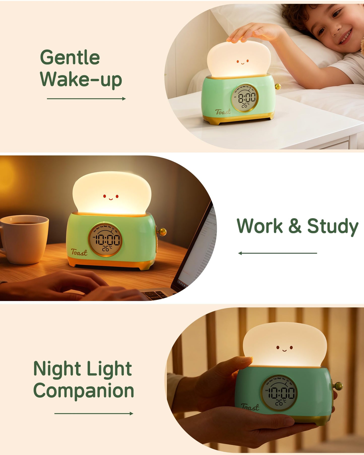 Aokpsrt Alarm Clock for Kids, Cute Toast Night Light Alarm Clocks for Bedrooms, Dimming Rechargeable Small Led Desk Clock with Snooze & Countdown for Room Decor, Bedside Clock for Teen Girls Boys