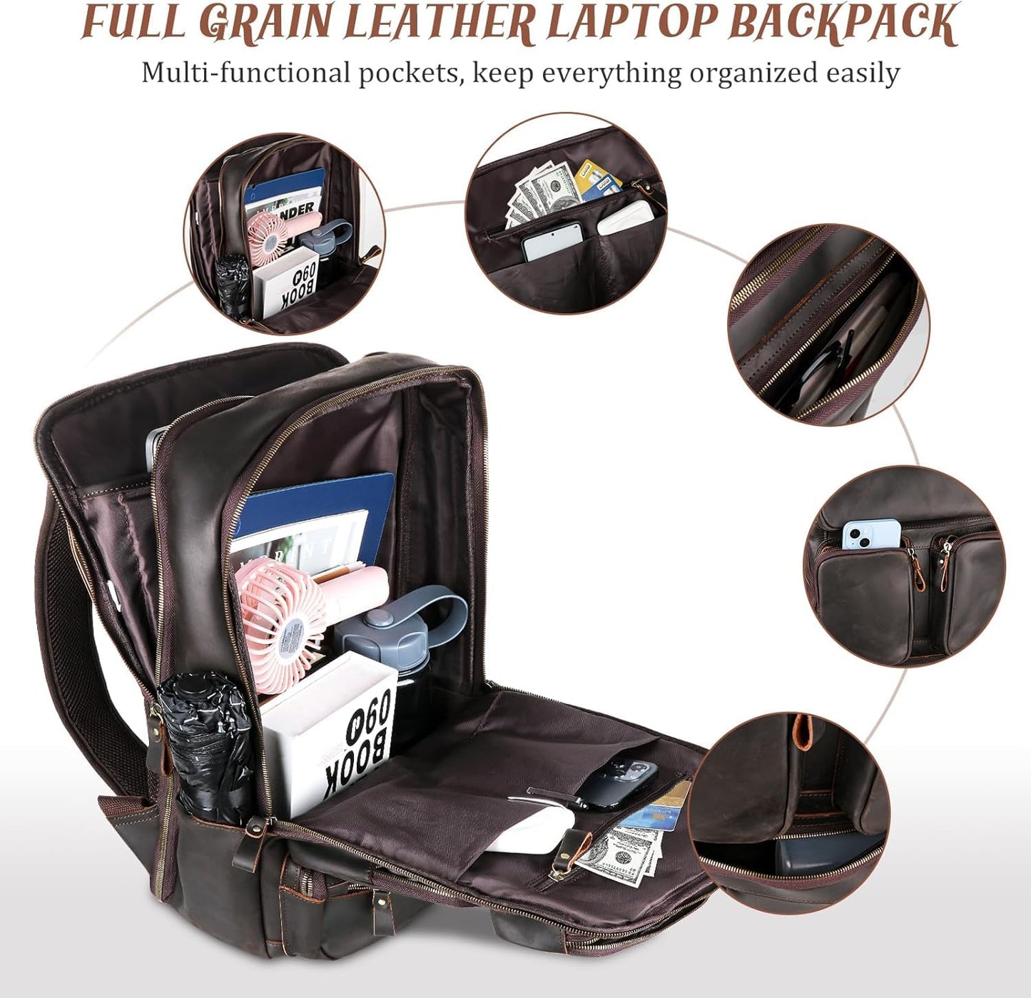 Fshsup Vintage Genuine Leather Backpack for Men 17.3" Laptop Bag Full Grain Leather Backpack Travel Weekender Hiking Shoulder Daypacks Overnight Weekender Rucksack