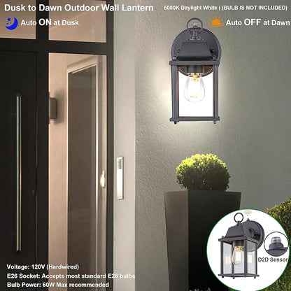 LIT-PaTH Dusk to Dawn Outdoor Wall Lantern, Wall Sconce Waterproof Porch Lighting Fixture, E26 Base, Aluminum Housing with Glass Shade, 1-Pack, Black