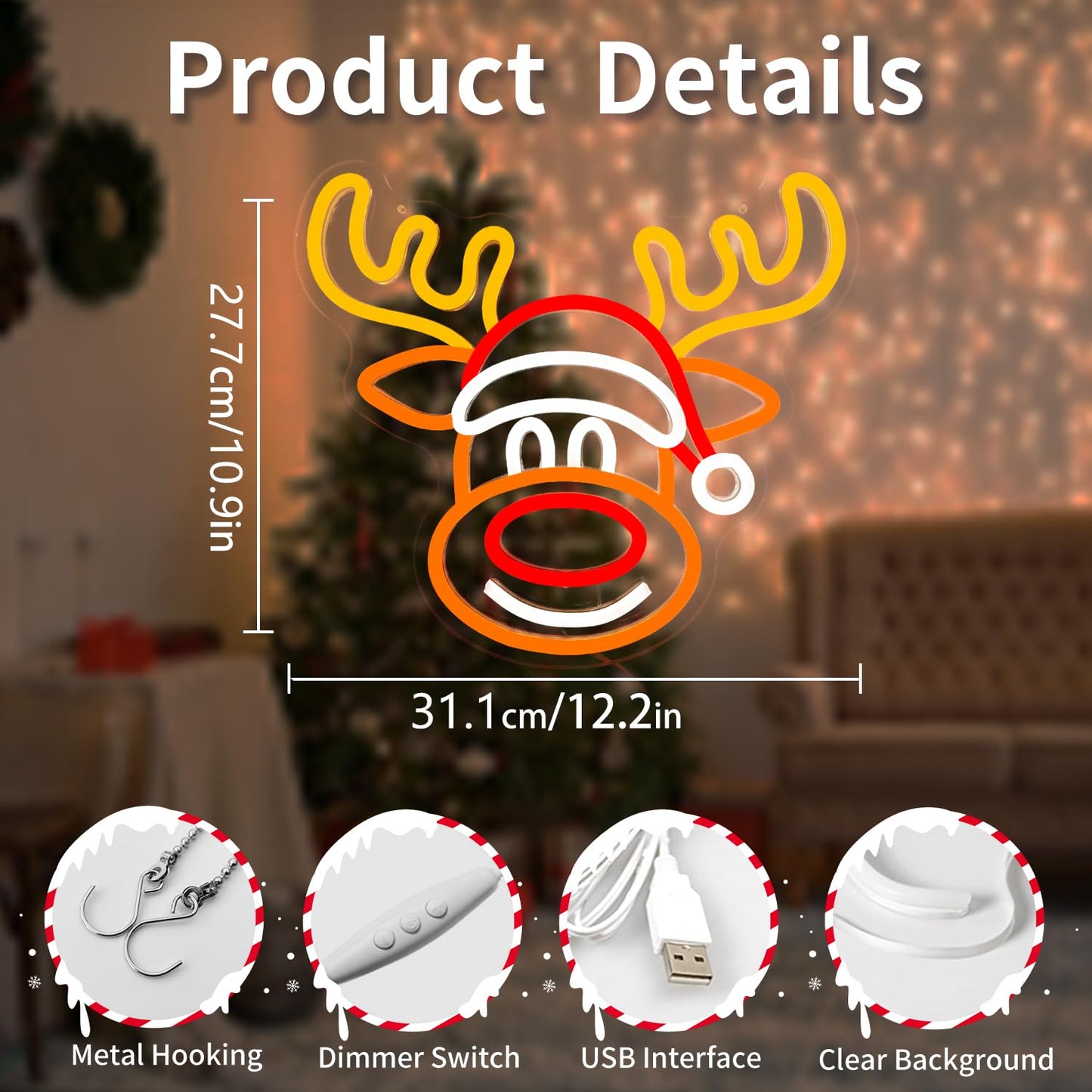 Vveikea Christmas Neon Sign Elk Neon Lights Christmas Deer Led Sign Dimmable Reindeer Neon Window Lights Xmas Light Up Sign for Wall Decor