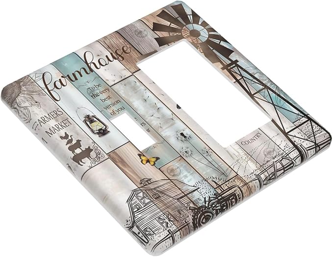 Rustic Western Farmhouse Windmill 2 Gang Light Switch Covers Vintage Barn Wooden Plank Inspirational Quote Single Toggle Rocker Combo Wall Plate Electrical Faceplate Decorative Switchplate