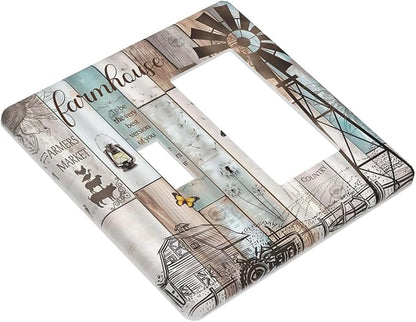 Rustic Western Farmhouse Windmill 2 Gang Light Switch Covers Vintage Barn Wooden Plank Inspirational Quote Single Toggle Rocker Combo Wall Plate Electrical Faceplate Decorative Switchplate