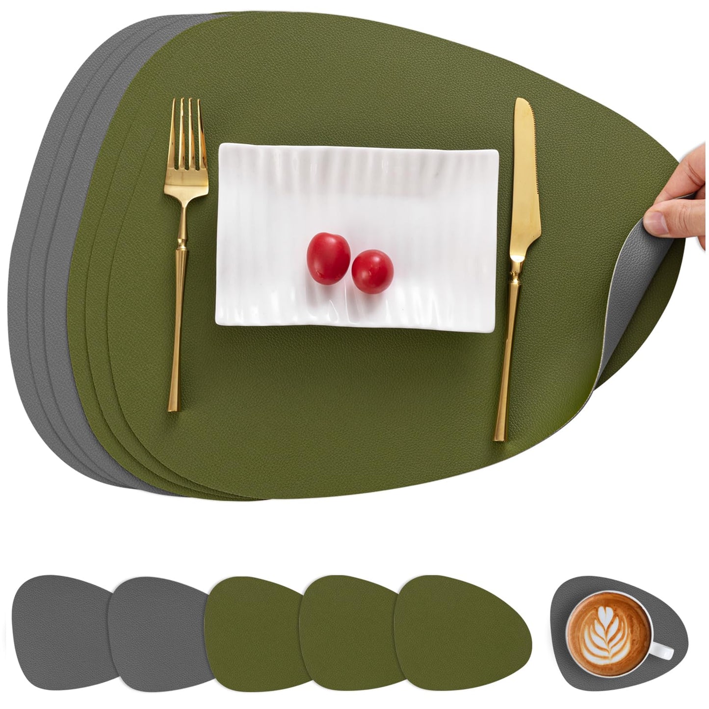 Myir JUN Placemats, Dual-Sided Placemats Waterproof Faux Leather Placemats Set of 6 Place Mats and Coasters Non-Slip Washable Table Mats for Dining Table (Gray Green, Set of 6)