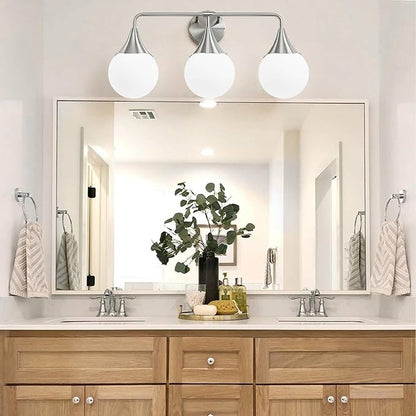 Bathroom Vanity Light Fixtures: Brushed Nickel 3-Light Mid Century Modern Bathroom Lighting Fixtures Over Mirror - Wall Sconce with Milky White Globe Glass for Bath Living Room