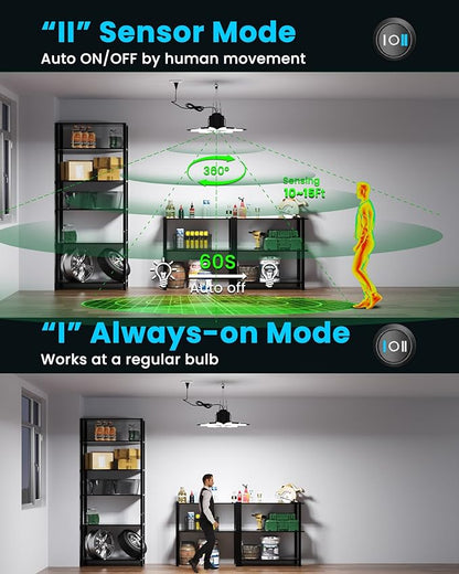 2-Pack Motion Sensor Garage Lights Plug in, 200W Super Bright Motion Activated Linkable LED Shop Light, 3 Modes Motion Sensor Light Indoor for Barn/Attic