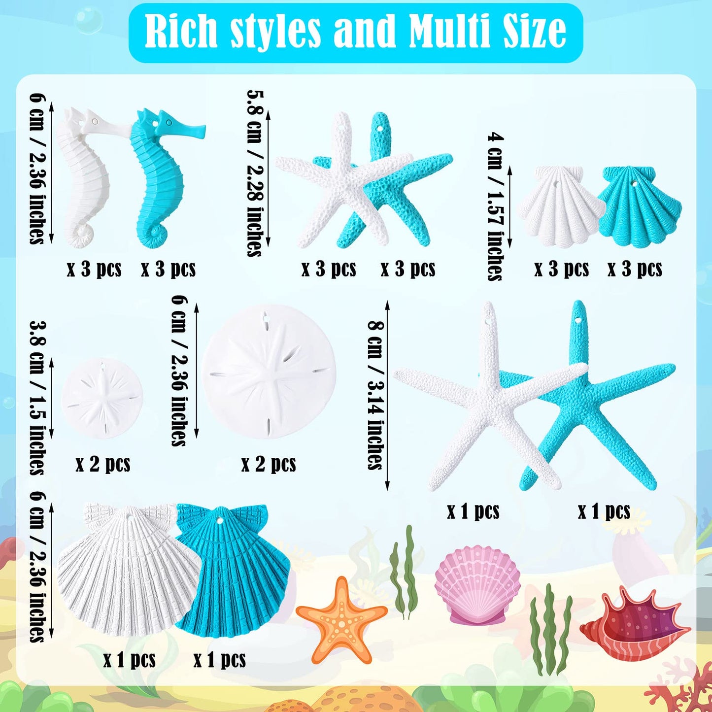 Jetec 26 Pcs Beach Ocean Themed Summer Ornaments Bulk Resin Starfish Seashell Decorative Nautical Coastal Summer Ornaments for Tree Home Bathroom Decorations