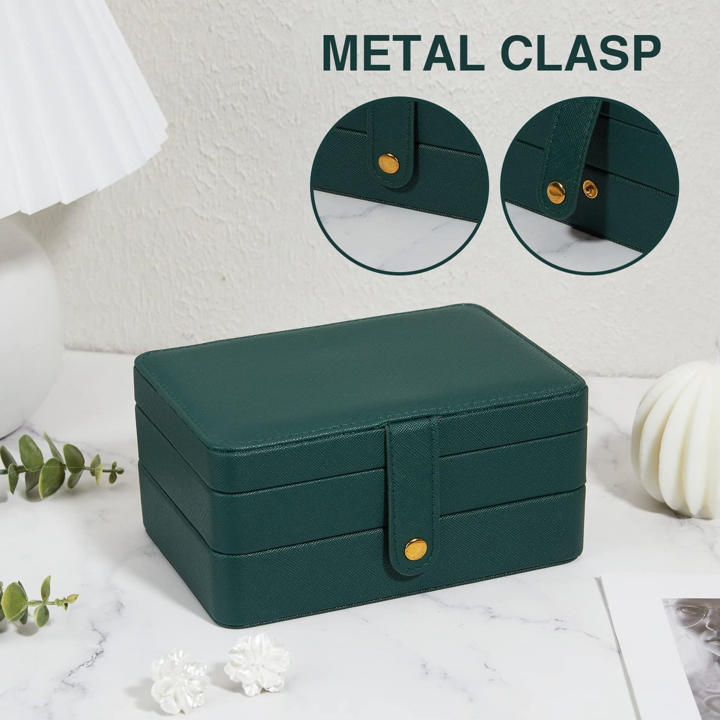 BUTI4WLD Travel Jewelry Case, Portable Jewelry Organizer Box with 3 Layers PU Leather Storage for Earrings, Necklaces, Rings, Bracelets, Compact Jewelry Gift for Women, Christmas Gifts (Green+Small)