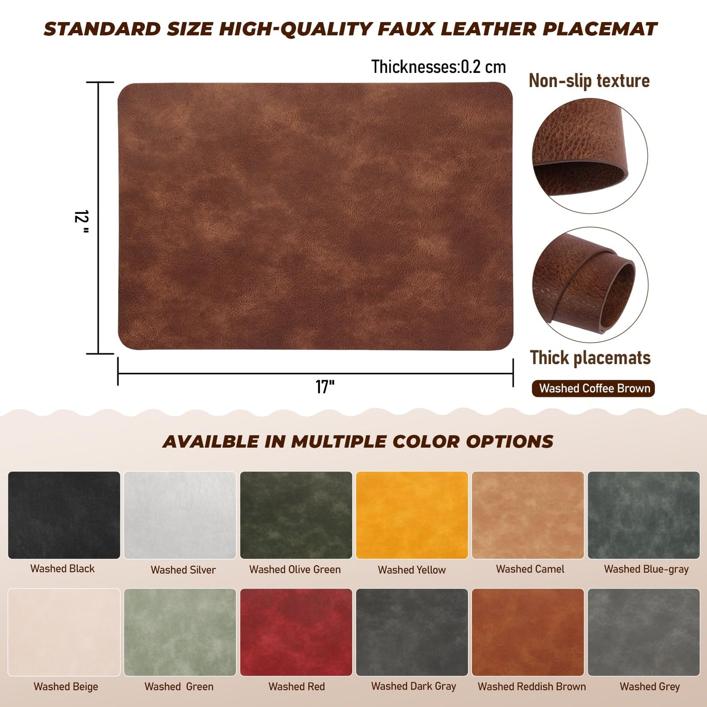 UnivoColors Placemats,Heat Resistant Placemats Set of 6 Washable 12 x 17 Inch,Waterproof Table Mats,Wipeable Pu Place Mats for Kitchen,Dining Room.Reddish Brown