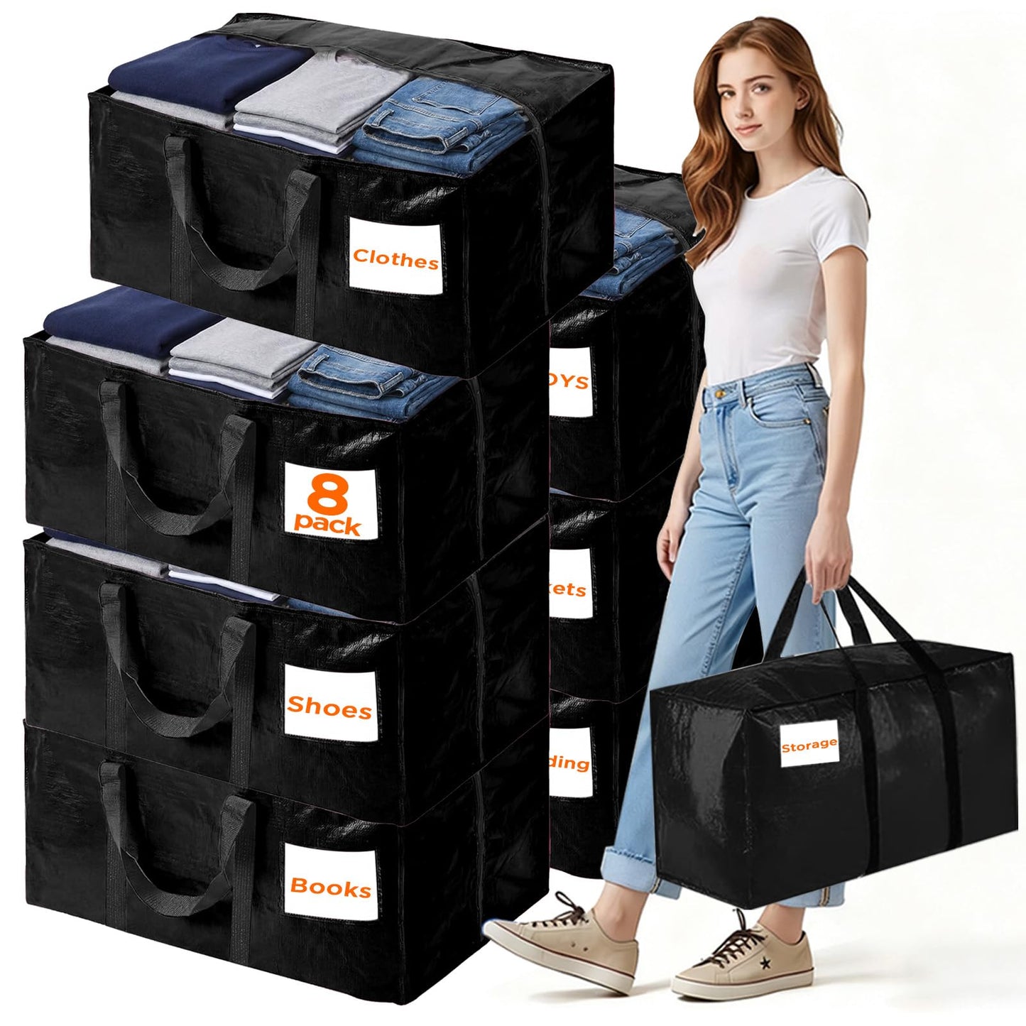 BETU 8 Pack Moving Bags Moving Storage College Dorm Camping Packing Travel PE Heavy Duty, Sturdy Handle, Zipper Large Storage Tote Bag Moving Boxes Box Alternative - Black 29L x 14W x 13H