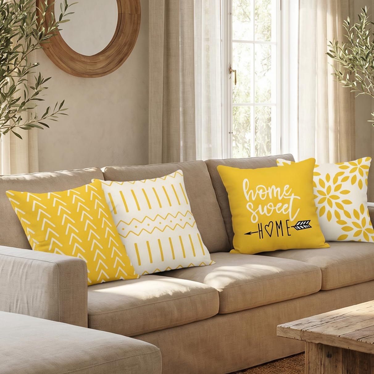 YCOLL Pillow Covers 16x16 Set of 4, Modern Sofa Throw Pillow Cover, Decorative Outdoor Linen Pillow Covers Set of 4 for Couch Sofa Bed and Car, Yellow