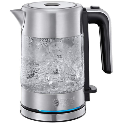 Russell Hobbs Kettle Glass & Stainless Steel Small [0.8 L] Compact (2200 W, Blue LED Lighting, Removable Limescale Filter, Small Travel Kettle) Tea Maker 24190-70