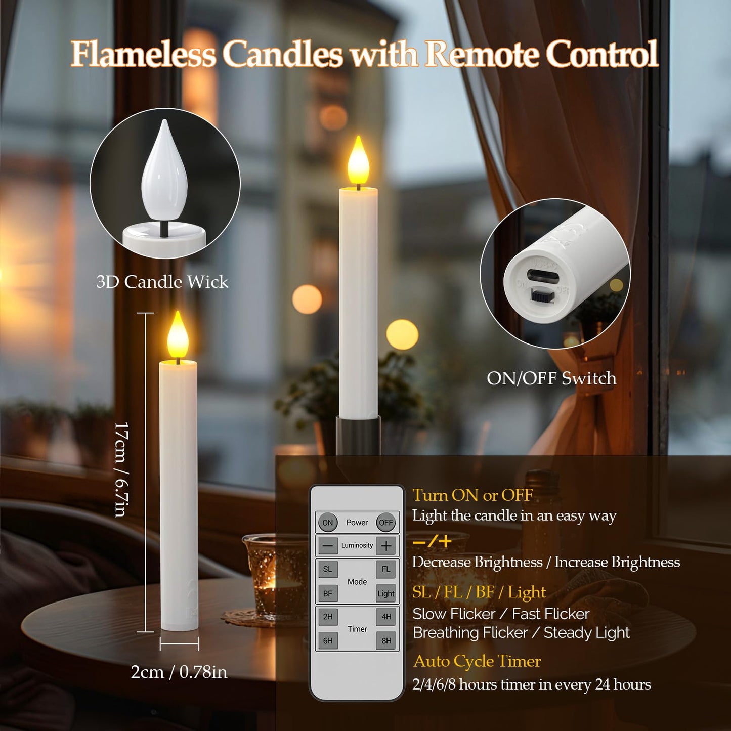 PChero 10 Pcs Rechargeable Flameless Taper Candles with Charging Station, 6.7" LED Candles with Remote & Timer, Battery Operated Flickering Tapered Candlesticks for Window Wedding Christmas Home Decor