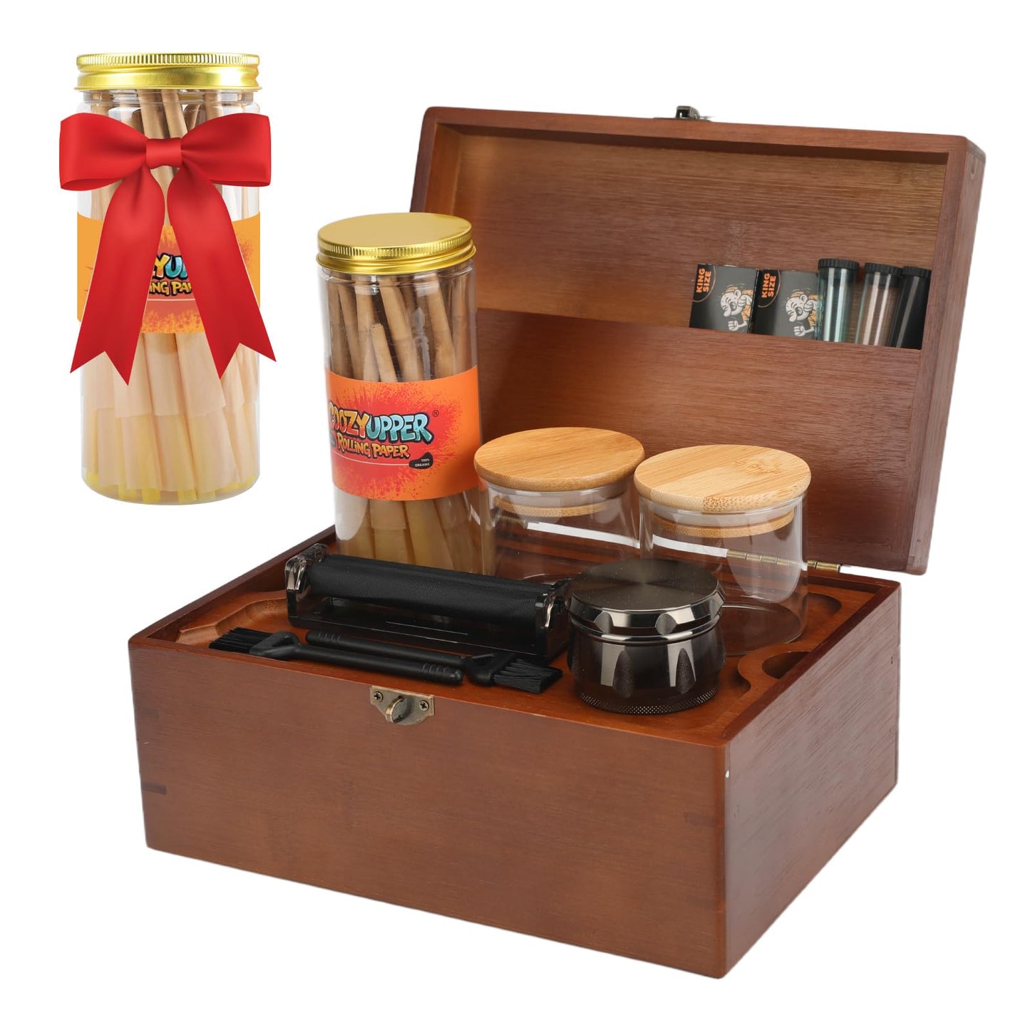 Coozyupper Large Bamboo Storage Box with Removable Tray Kit - Decorative Box Set, Glass Jars, and Accessories Wooden Storage Kit and Accessories Tool.Birthday Gifts
