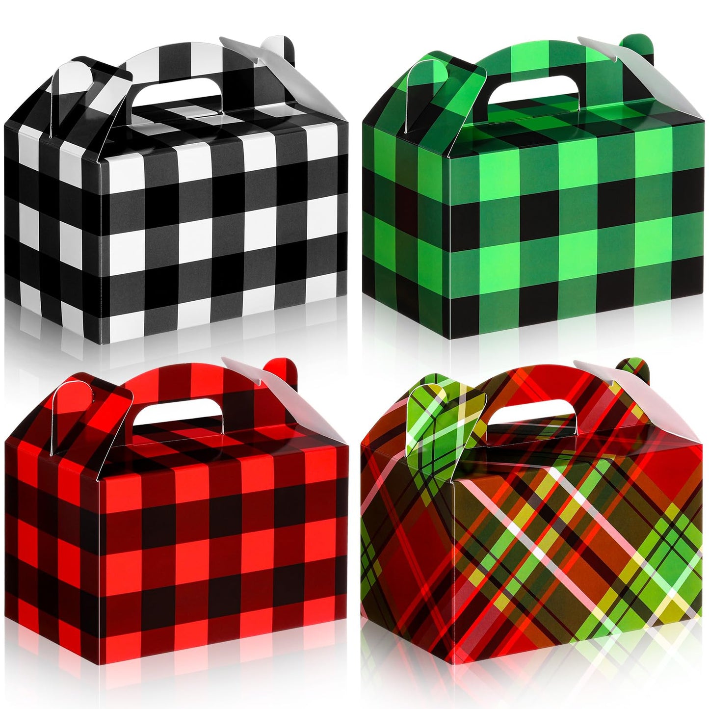 Clabby 24 Pcs Christmas Treat Boxes with Handles 3D Christmas Cookie Gift Boxes Cardboard Goodie Candy Bags Xmas Santa Elf Snowman Elk Gingerbread Holiday Party Favor Supplies, 4 Design(Plaid Style)