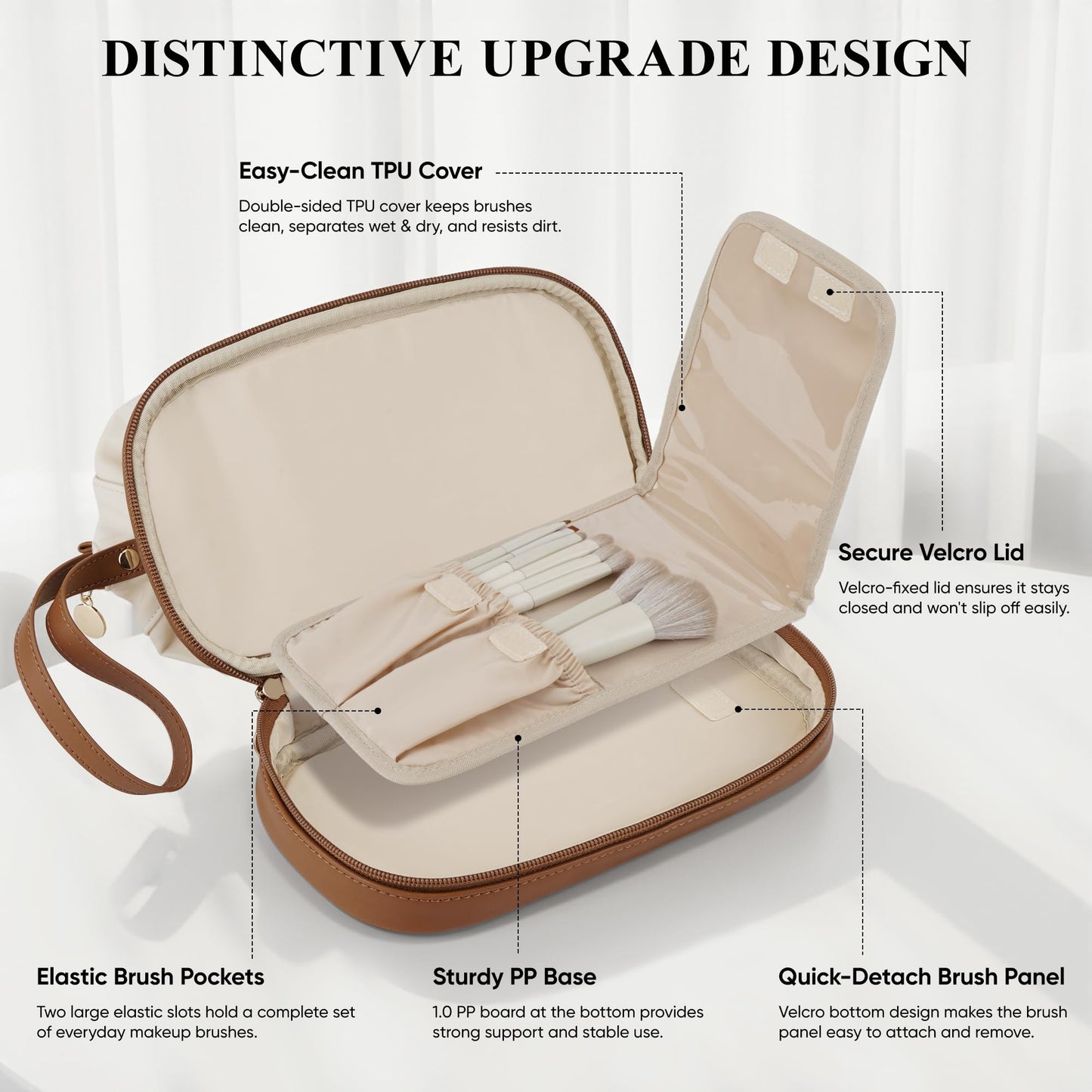 MSTONAL Travel Makeup Bag, Large Capacity Double Layer Cosmetic Bags for Women, Waterproof Portable Make Up Skincare Pouch with Makeup Brush Organizer, Toiletry Bag for Essentials, Beige & Brown
