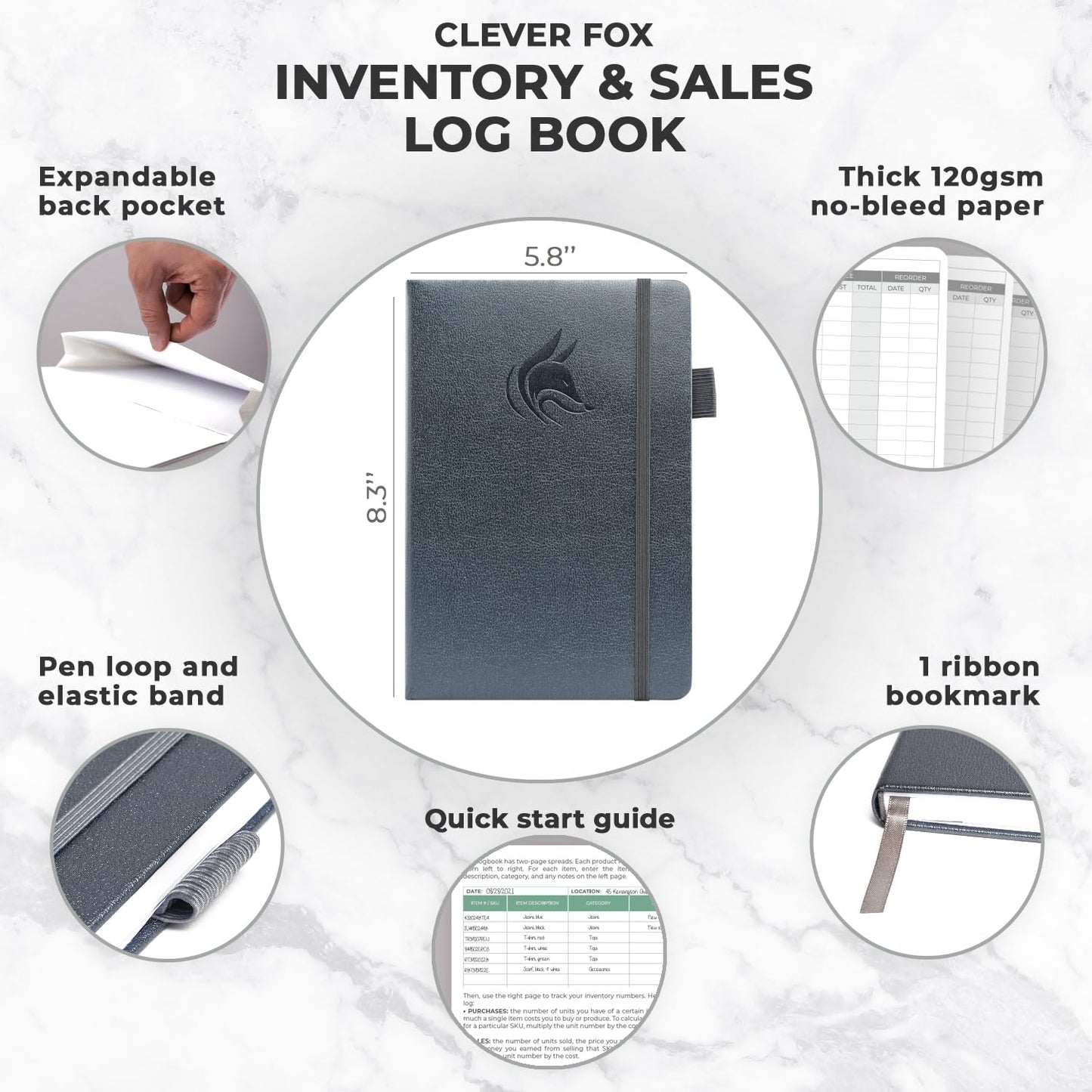 Clever Fox Inventory & Sales Log Book for Small Business – Inventory Ledger Book, Inventory Notebook, Order Tracker Book for Purchases, Sales & Reorders – Undated, Hardcover, A5, Silver Black